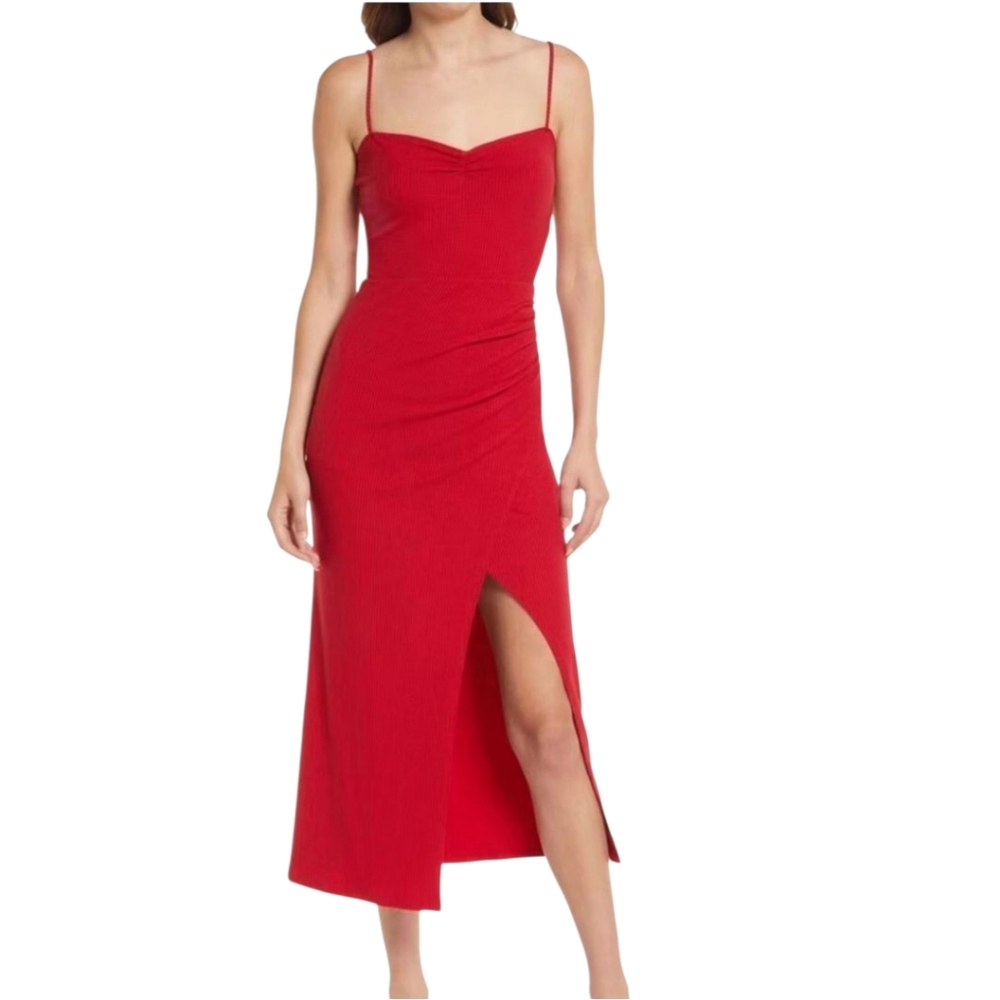 Reformation Formosa Dress Small Red Ruched Ribbed Slit Stretch Midi‎ Sleeveless